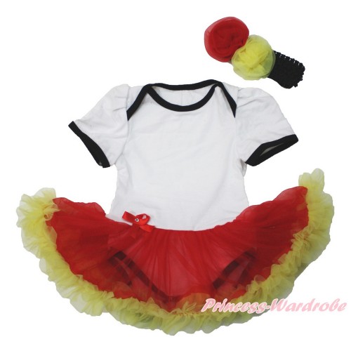 World Cup Germany White Baby Bodysuit Jumpsuit Red Yellow Pettiskirt With Black Headband Red Yellow Rose JS3540