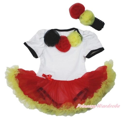World Cup Germany White Baby Jumpsuit Red Yellow Pettiskirt With Black Red Yellow Rosettes With Black Headband Red Yellow Rose JS3544