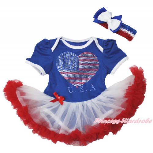 World Cup Royal Blue Baby Bodysuit Jumpsuit White Red Pettiskirt With Sparkle Crystal Bling Rhinestone USA Heart Print With Red White Royal Blue Headband White Royal Blue Ribbon Bow JS3545