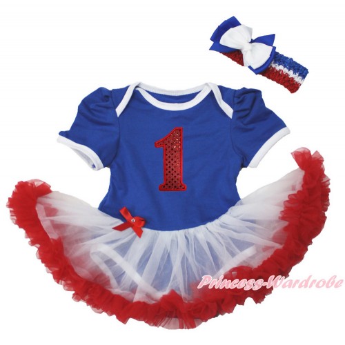Royal Blue Baby Bodysuit Jumpsuit White Red Pettiskirt With 1st Sparkle Red Birthday Number Print With Red White Royal Blue Headband White Royal Blue Ribbon Bow JS3548