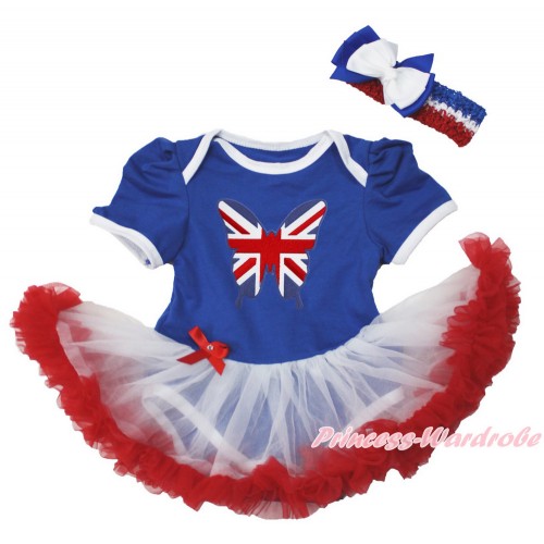 Royal Blue Baby Bodysuit Jumpsuit White Red Pettiskirt With Patriotic British Butterfly Print With Red White Royal Blue Headband White Royal Blue Ribbon Bow JS3550