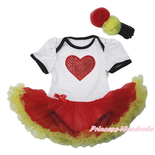 Valentine's Day White Baby Bodysuit Jumpsuit Red Yellow Pettiskirt With Sparkle Red Heart Print With Black Headband Red Yellow Rose JS3555