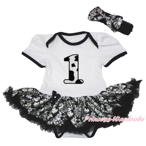 White Baby Bodysuit Jumpsuit Damask Pettiskirt With 1st Milk Cow Birthday Number Print With Black Headband Damask Satin Bow JS3561