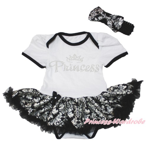 White Baby Bodysuit Jumpsuit Damask Pettiskirt With Sparkle Crystal Bling Rhinestone Princess Print With Black Headband Damask Satin Bow JS3565