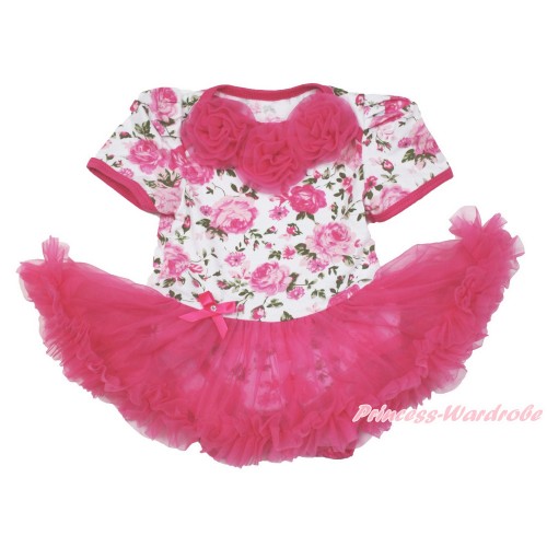  Rose Fusion Baby Bodysuit Jumpsuit Hot Pink Pettiskirt with Hot Pink Rosettes JS3573 