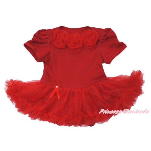 Red Baby Bodysuit Jumpsuit Red Pettiskirt with Red Rosettes JS3575