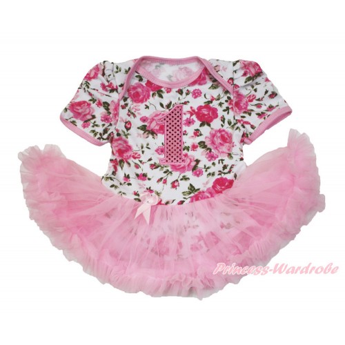 Rose Fusion Baby Bodysuit Jumpsuit Light Pink Pettiskirt with 1st Sparkle Light Pink Birthday Number Print JS3578