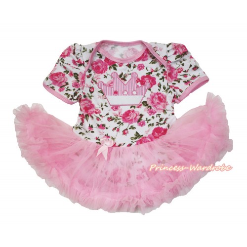 Rose Fusion Baby Bodysuit Jumpsuit Light Pink Pettiskirt with Crown Print JS3581