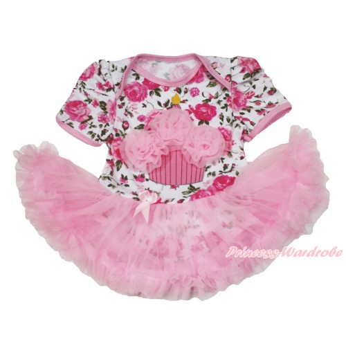 Rose Fusion Baby Bodysuit Jumpsuit Light Pink Pettiskirt with Light Pink Rosettes Birthday Cake Print JS3584