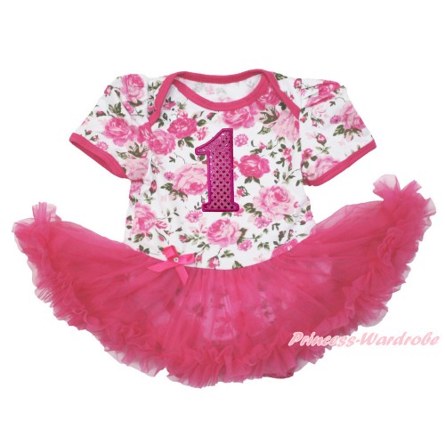 Rose Fusion Baby Bodysuit Jumpsuit Hot Pink Pettiskirt with 1st Sparkle Hot Pink Birthday Number Print JS3586