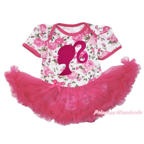Rose Fusion Baby Bodysuit Jumpsuit Hot Pink Pettiskirt with Hot Pink Barbie Princess Print JS3587