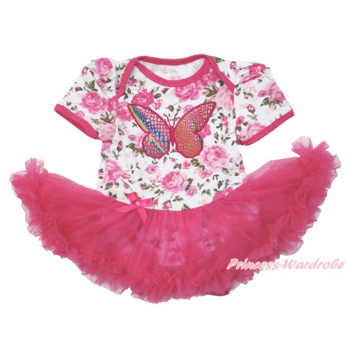 Rose Fusion Baby Bodysuit Jumpsuit Hot Pink Pettiskirt with Rainbow Butterfly Print JS3588