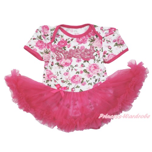 Rose Fusion Baby Bodysuit Jumpsuit Hot Pink Pettiskirt with Sweet Print JS3589