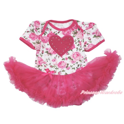 Valentine's Day Rose Fusion Baby Bodysuit Jumpsuit Hot Pink Pettiskirt with Hot Pink Heart Print JS3590
