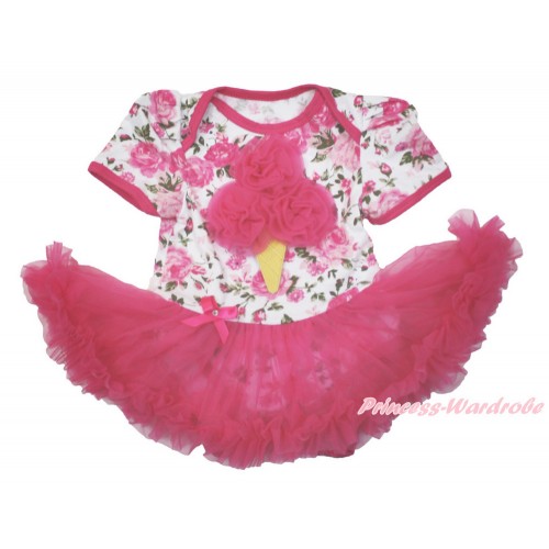 Rose Fusion Baby Bodysuit Jumpsuit Hot Pink Pettiskirt with Hot Pink Rosettes Ice Cream Print JS3593