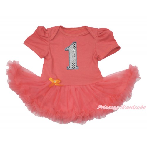 Coral Tangerine Baby Bodysuit Jumpsuit Coral Tangerine Pettiskirt with 1st Sparkle White Birthday Number Print JS3594