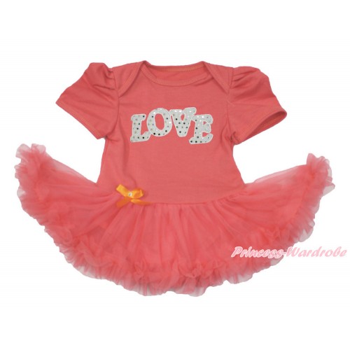 Coral Tangerine Baby Bodysuit Jumpsuit Coral Tangerine Pettiskirt with Sparkle White Love Print JS3595