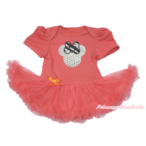 Coral Tangerine Baby Bodysuit Jumpsuit Coral Tangerine Pettiskirt with Sparkle White Minnie Print JS3596