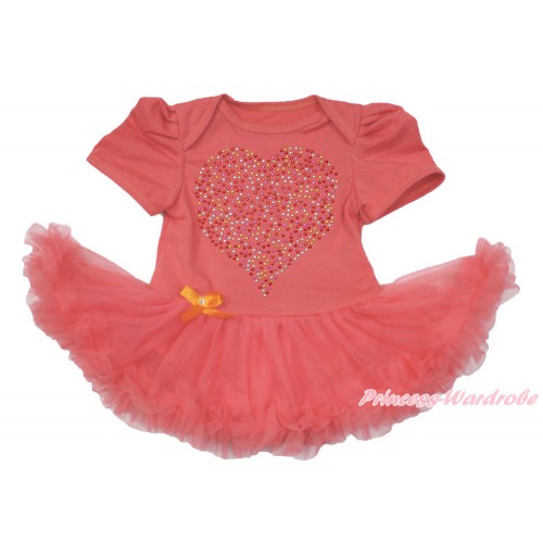 Valentine's Day Coral Tangerine Baby Bodysuit Jumpsuit Coral Tangerine Pettiskirt with Sparkle Crystal Bling Rhinestone Rainbow Heart Print JS3598