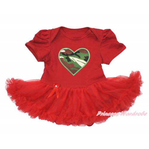 Valentine's Day Red Baby Bodysuit Jumpsuit Red Pettiskirt with Camouflage Heart Print JS3603