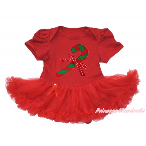 Xmas Red Baby Bodysuit Jumpsuit Red Pettiskirt with Christmas Stick Print & Minnie Dots Bow JS3606