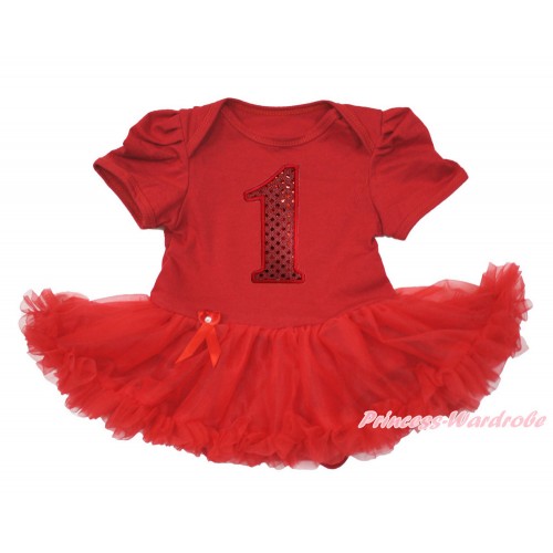  Red Baby Bodysuit Jumpsuit Red Pettiskirt with 1st Sparkle Red Birthday Number Print JS3608 