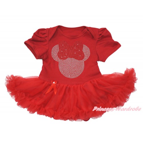 Xmas Red Baby Bodysuit Jumpsuit Red Pettiskirt with Sparkle Crystal Bling Rhinestone Red Minnie Print JS3609