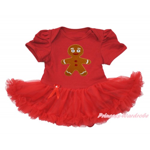 Xmas Red Baby Bodysuit Jumpsuit Red Pettiskirt with Brown Gingerbread Man Print JS3612