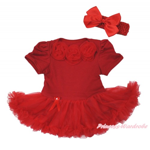Red Baby Jumpsuit Red Pettiskirt With Red Rosettes With Red Headband Red Silk Bow JS3621