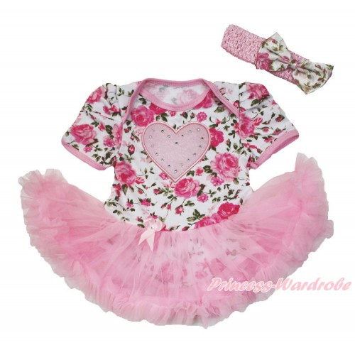 Valentine's Day Rose Fusion Baby Bodysuit Jumpsuit Light Pink Pettiskirt With Light Pink Heart Print With Light Pink Headband Light Pink Rose Fusion Satin Bow JS3623
