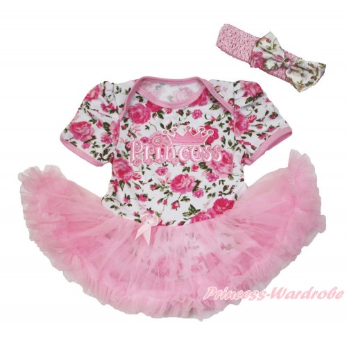 Rose Fusion Baby Bodysuit Jumpsuit Light Pink Pettiskirt With Princess Print With Light Pink Headband Light Pink Rose Fusion Satin Bow JS3625