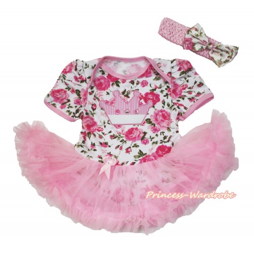 Rose Fusion Baby Bodysuit Jumpsuit Light Pink Pettiskirt With Crown Print With Light Pink Headband Light Pink Rose Fusion Satin Bow JS3627