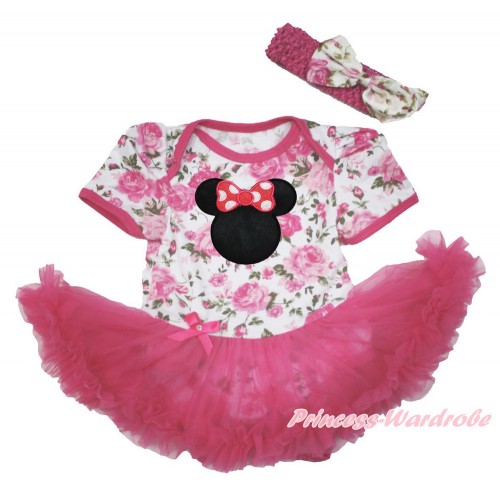 Rose Fusion Baby Bodysuit Jumpsuit Hot Pink Pettiskirt With Hot Pink Minnie Print With Hot Pink Headband Light Pink Rose Fusion Satin Bow JS3631