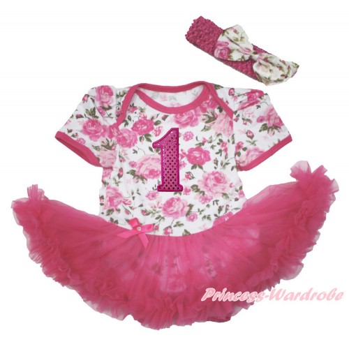 Rose Fusion Baby Bodysuit Jumpsuit Hot Pink Pettiskirt With 1st Sparkle Hot Pink Birthday Number Print With Hot Pink Headband Light Pink Rose Fusion Satin Bow JS3632