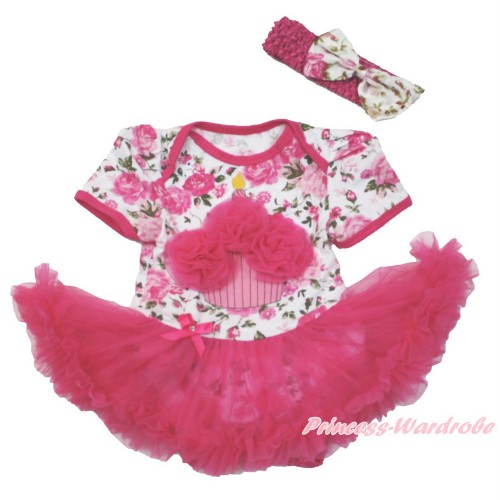 Rose Fusion Baby Bodysuit Jumpsuit Hot Pink Pettiskirt With Hot Pink Rosettes Birthday Cake Print With Hot Pink Headband Light Pink Rose Fusion Satin Bow JS3638