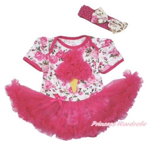 Rose Fusion Baby Bodysuit Jumpsuit Hot Pink Pettiskirt With Hot Pink Rosettes Ice Cream Print With Hot Pink Headband Light Pink Rose Fusion Satin Bow JS3639