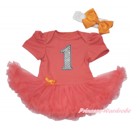 Coral Tangerine Baby Bodysuit Jumpsuit Coral Tangerine Pettiskirt With 1st Sparkle White Birthday Number Print With White Headband Orange Silk Bow JS3640