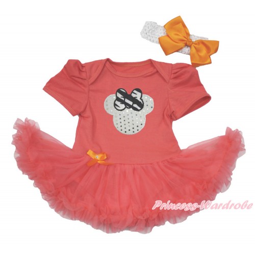 Coral Tangerine Baby Bodysuit Jumpsuit Coral Tangerine Pettiskirt With Sparkle White Minnie Print With White Headband Orange Silk Bow JS3642