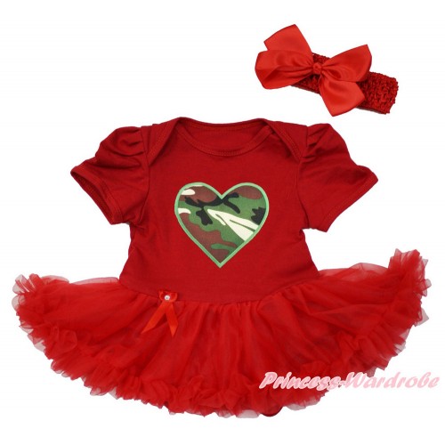 Valentine's Day Red Baby Bodysuit Jumpsuit Red Pettiskirt With Camouflage Heart Print With Red Headband Red Silk Bow JS3649