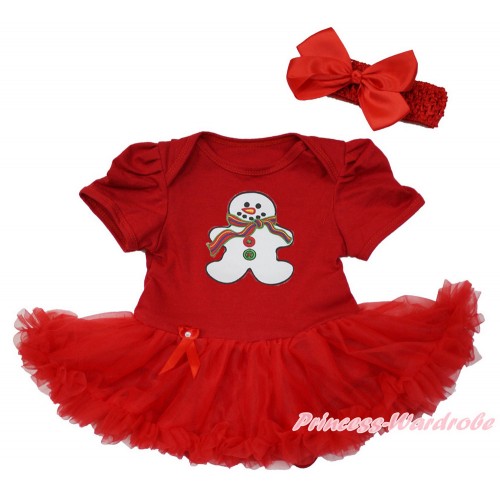 Xmas Red Baby Bodysuit Jumpsuit Red Pettiskirt With Christmas Gingerbread Snowman Print With Red Headband Red Silk Bow JS3651