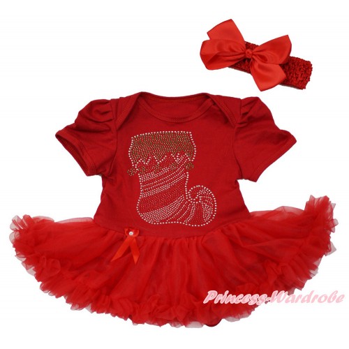 Xmas Red Baby Bodysuit Jumpsuit Red Pettiskirt With Sparkle Crystal Bling Rhinestone Christmas Stocking Print With Red Headband Red Silk Bow JS3656