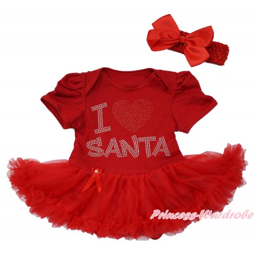 Xmas Red Baby Bodysuit Jumpsuit Red Pettiskirt With Sparkle Crystal Bling Rhinestone I Love Santa Print With Red Headband Red Silk Bow JS3657