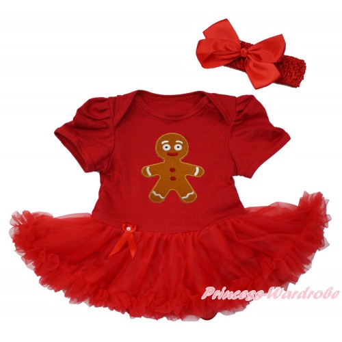 Xmas Red Baby Bodysuit Jumpsuit Red Pettiskirt With Brown Gingerbread Man Print With Red Headband Red Silk Bow JS3658