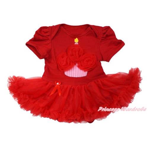 Red Baby Bodysuit Jumpsuit Red Pettiskirt with Red Rosettes Birthday Cake Print JS3660