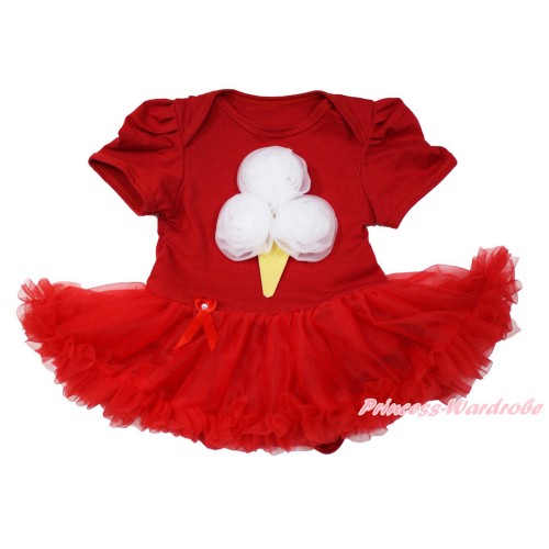 Red Baby Bodysuit Jumpsuit Red Pettiskirt with White Rosettes Ice Cream Print JS3661