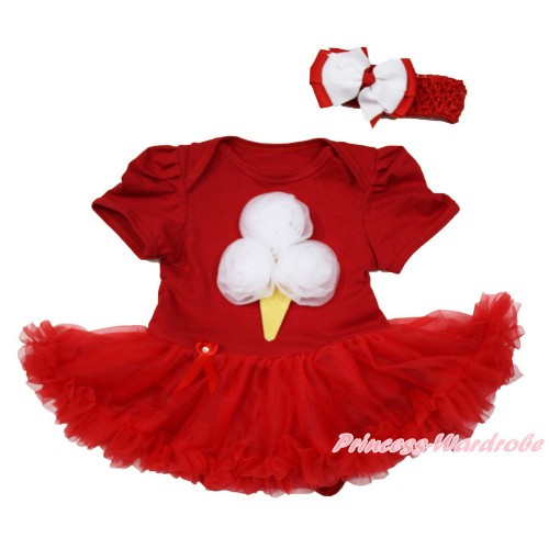 Red Baby Bodysuit Jumpsuit Red Pettiskirt With White Rosettes Ice Cream Print With Red Headband White Red Ribbon Bow JS3663