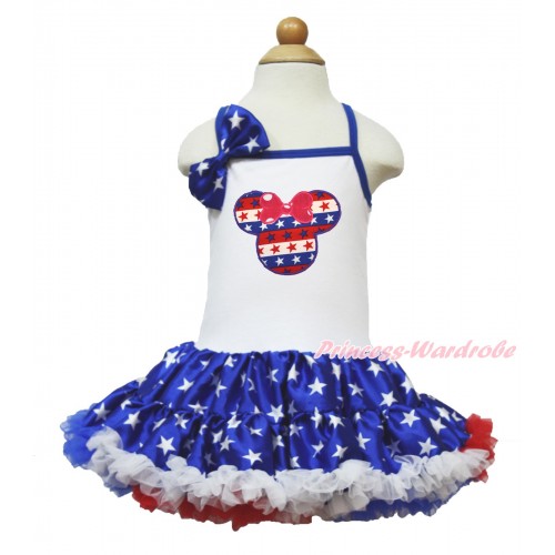 American's Birthday White Halter Patriotic American Star ONE-PIECE Dress & Patriotic American Star Satin Bow & Red White Blue Striped Star Minnie Print LP60