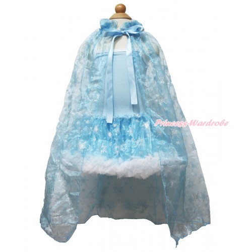 Frozen Princess Elsa Light Blue Sparkle Bling Snowflakes ONE-PIECE Halter Dress With Sparkle Snowflakes Light Blue Organza Cape LP79