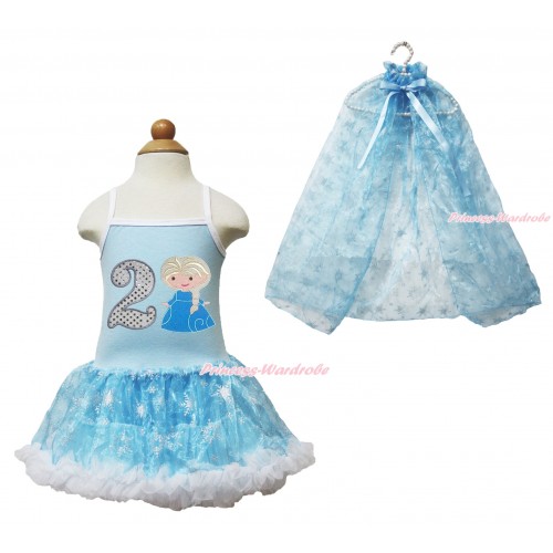 Frozen Princess Elsa Light Blue Sparkle Bling Snowflakes ONE-PIECE Halter Dress With 2nd Sparkle White Birthday Number & Princess Elsa Print With Sparkle Snowflakes Light Blue Organza Cape LP83