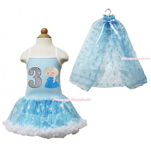 Frozen Princess Elsa Light Blue Sparkle Bling Snowflakes ONE-PIECE Halter Dress With 3rd Sparkle White Birthday Number & Princess Elsa Print With Sparkle Snowflakes Light Blue Organza Cape LP84